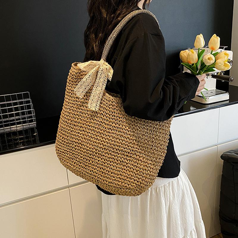 Yogodlns Woven Beach Bag Vintage Handmade Woven Shoulder Bag Raffia Rattan Bags Bohemian Ladies Summer Travel Vacation Casual Tote Bag