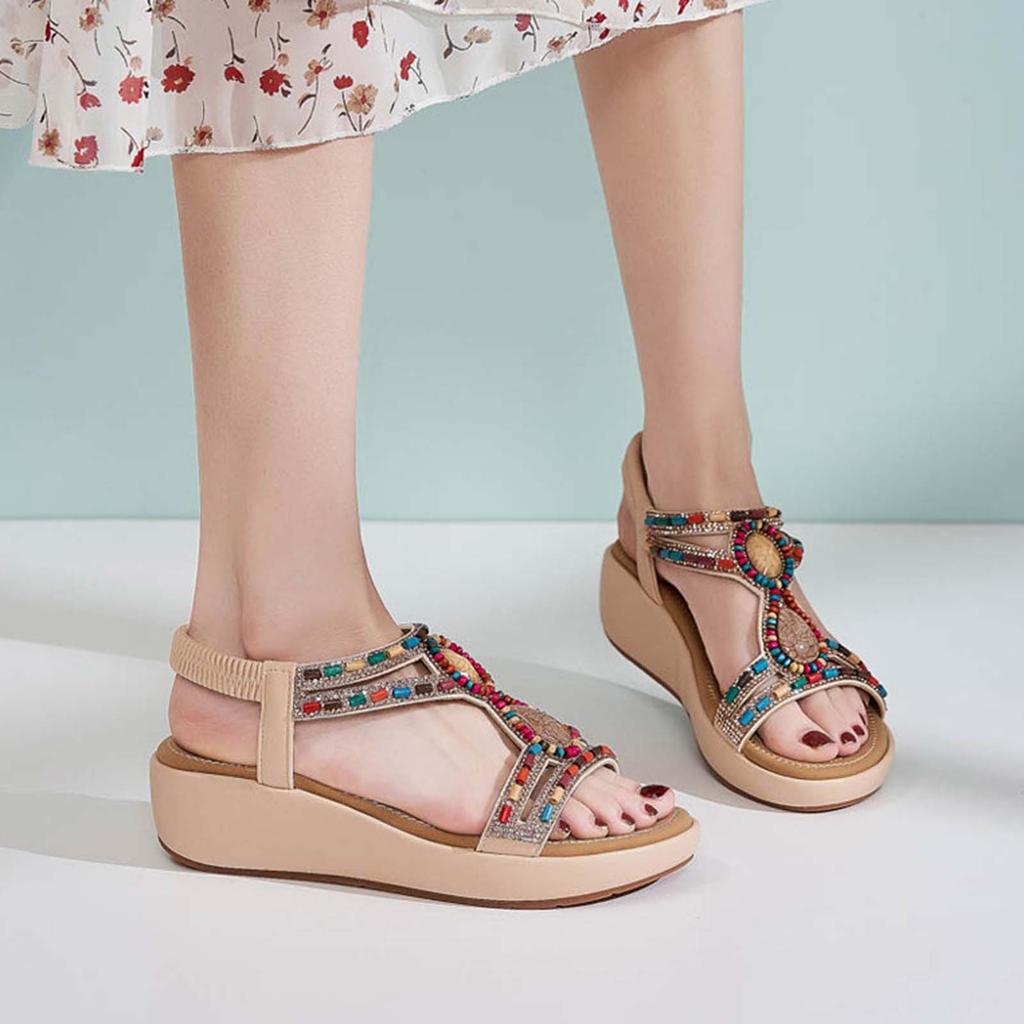 2026 Women'S Sandals Bohemia Summer Vintage Beach Beaded Ankle Strappy Sandal Athletic Hiking Shoes Outdoor Walking Shoe Hot