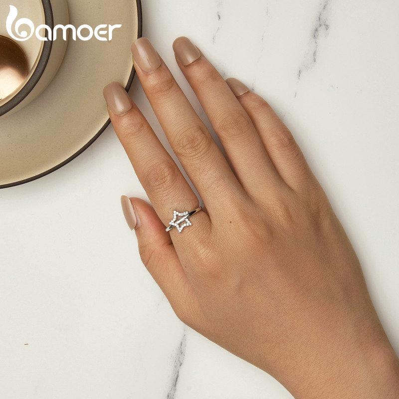 BAMOER 925 Sterling Silver Simple Star Finger Ring Cubic Zirconia for Women Eternity Band Original Design Fine Jewelry