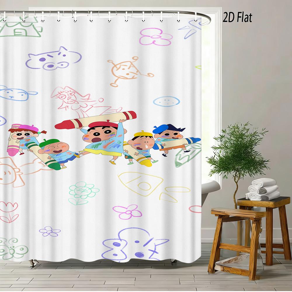 Crayon Shin-Chan & Himawari & Shiro & Leopard & Rooster Jungle Adventure Scene 2D Print Waterproof Shower Curtain, Bright Green