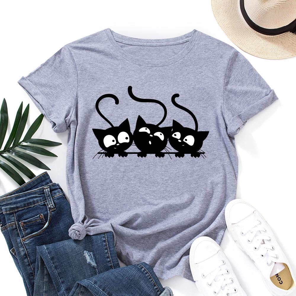 Cotton T-Shirt Short Sleeve Round Neck Women 2d Print Tops