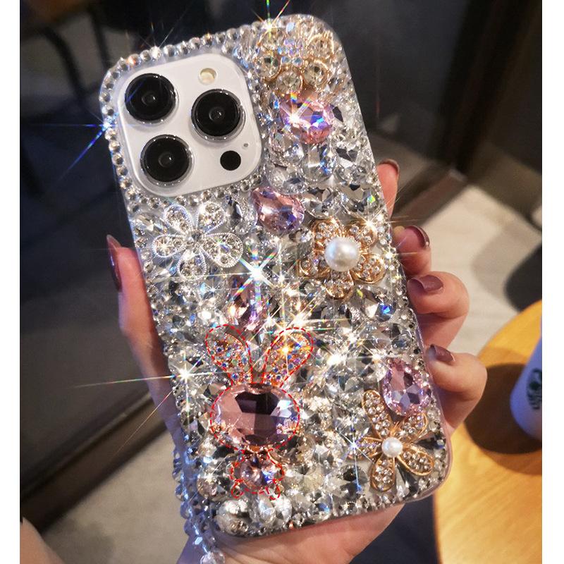 For Apple 17 Phone Case Luxury for IPhone 15 Rhinestone 13 Pearl 14 Rabbit Flower Light Luxury Women's Instagram
