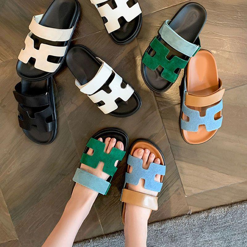 Classic large size slippers women's one-word color matching casual versatile thick-bottomed Velcro fashion beach cool slippers