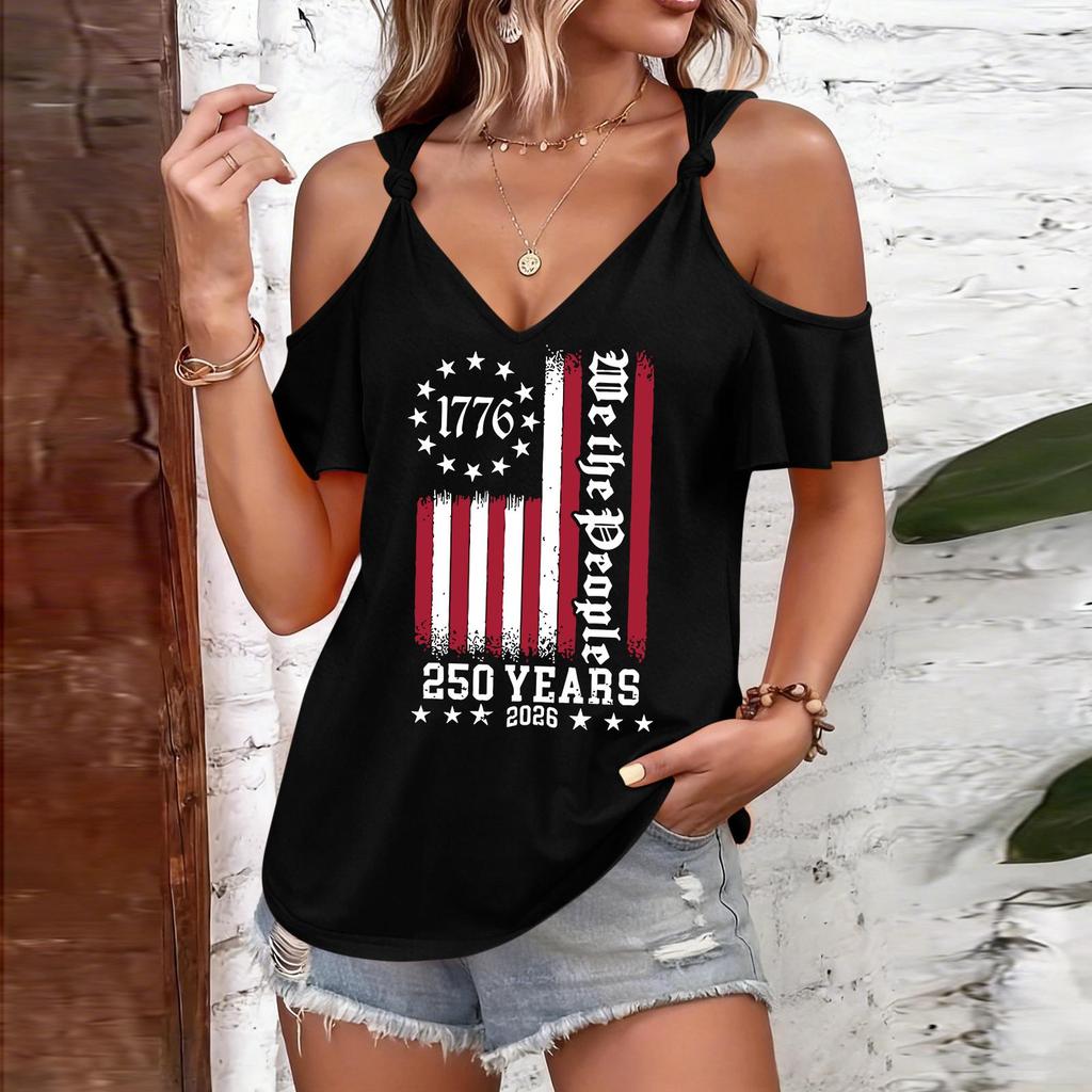 T-shirt Femme Décolleté Bardot Bretelles à Nouer Manches Courtes Décontracté avec Graphique Impression Drapeau 1776 Jour de l'Indépendance Haut 250 Ans 2026