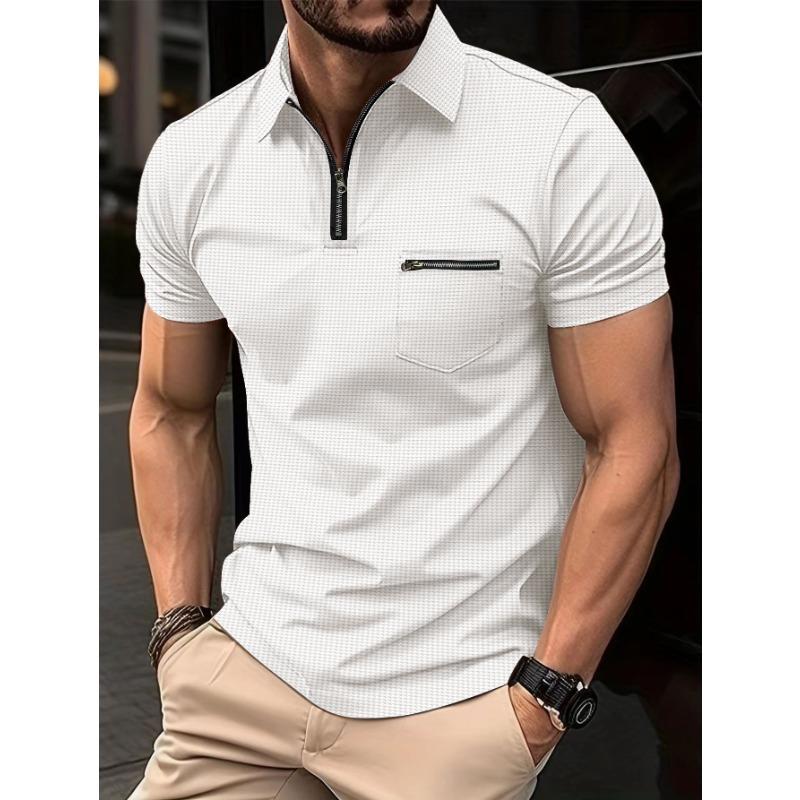 Men Waffle Turn Down Collar Pocket Short Sleeve Casual Sports Polo Shirt S