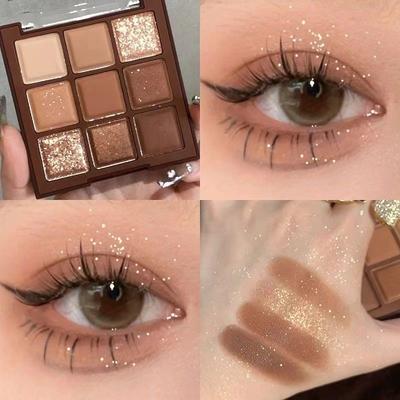 2pcs/set 9 Colors Glitter Eyeshadow Palette +Eyeshadow brush,Chocolate Brown Shimmer Matte Acrylic Eye Shadows Waterproof Korean Makeup Cosmetics