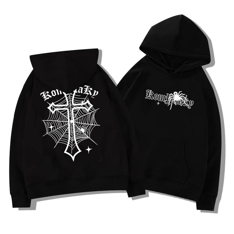 European American High Street Spider Cross Autumn Winter Fleece Warm Hooded Sweatshirt Casual Adult Men Versatile Soft Daily Use
