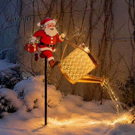 Auto On Off Patio Decorations Solar Powered Garden Lights, Santa Watering Can Stake Light Weatherproof Lawn Lamps for Outdoor Pathway Yard, Waterproof
