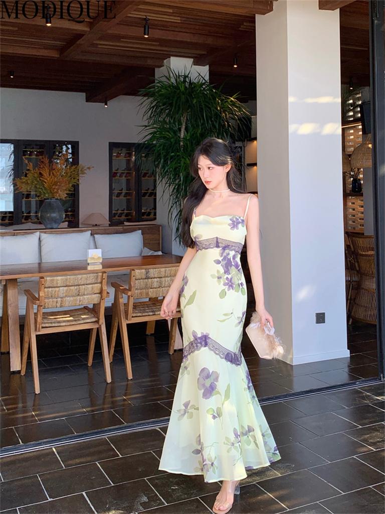 MODIQUE Summer Women Elegant Floral Print Casual Beach Backless Mesh Gauze Chiffon Girly Halter Long Dresses Lady Fairycore Atmosphere Hip Wrap Dress