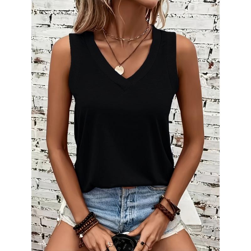 Women's V Neck Ribbed Trim Loose Sleeveless Tank Top