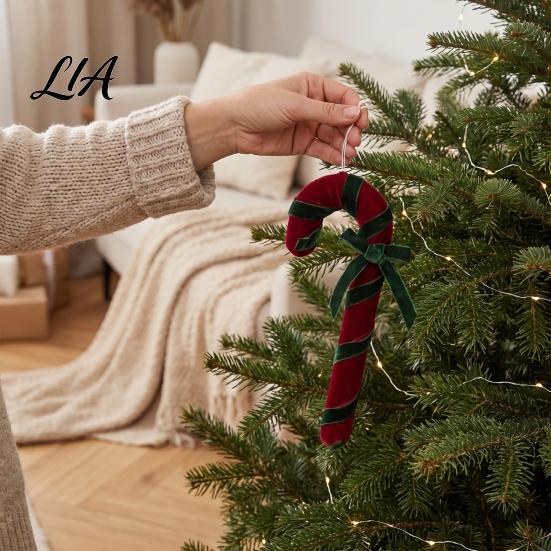 Retro Holiday Ornaments Velvet Christmas Candy Cane Ornament, Fabric Decoration with Soft Lightweight Tree Bow, Xmas Hanging Decor Pendant for