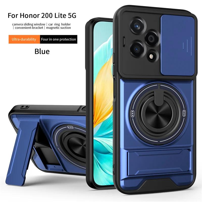 For Honor 200 Lite 5G Case Armor Silicone PC Magnetic Ring Holder Back Cover for Honor200 200Lite Slide Camera Shockproof Funda