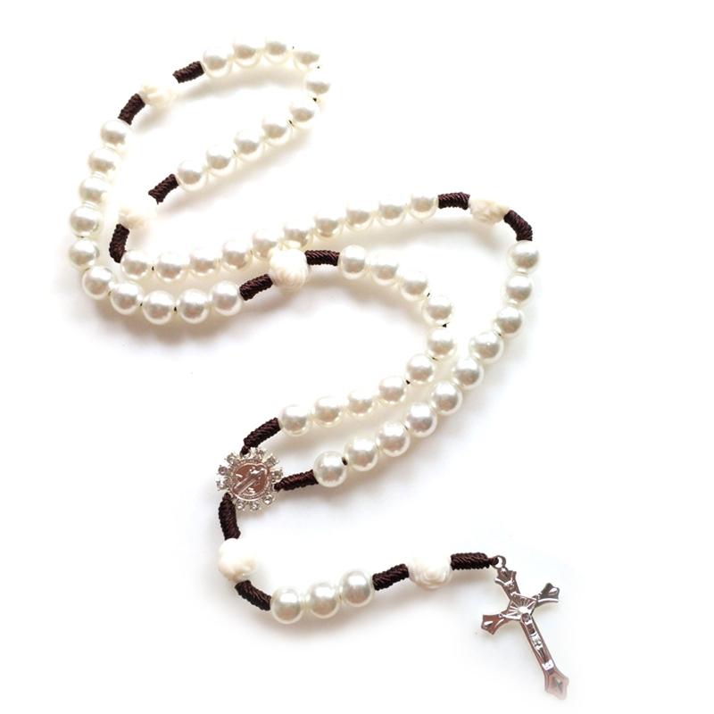 Vintage Religiöse Katholische Kreuz Rosenkranz Halskette Perlen Heilige Figur Jesus Hängen Anhänger Jesus Rosenkranz Halskette Für Frauen Männer