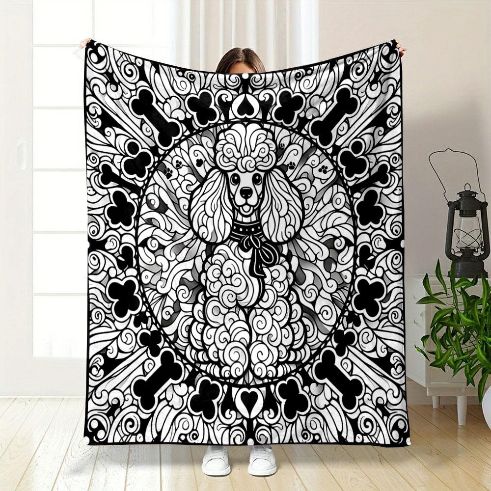Elegant Poodle with Ornate Black Design Patterned Blanket, Flannel, Suitable for All Seasons, Home Decor, Warm and Cozy