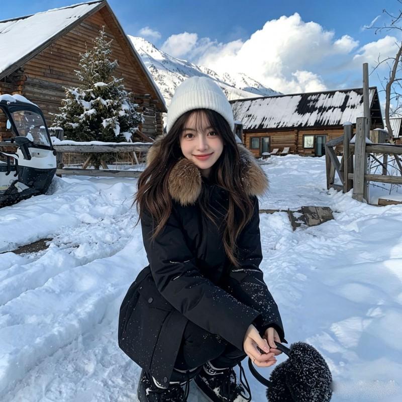 90% White Duck Down Winter Parka Women With Faux Fur Hood Thick Warm Black Coat