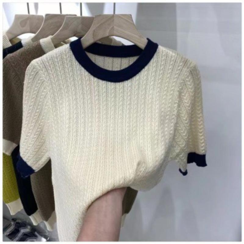 

Футболка Twist Thin Knit Женская весна и лето в выдолбленном ретро-иностранном стиле с круглым вырезом и короткими рукавами, повседневные свитера T One Size абрикосовый