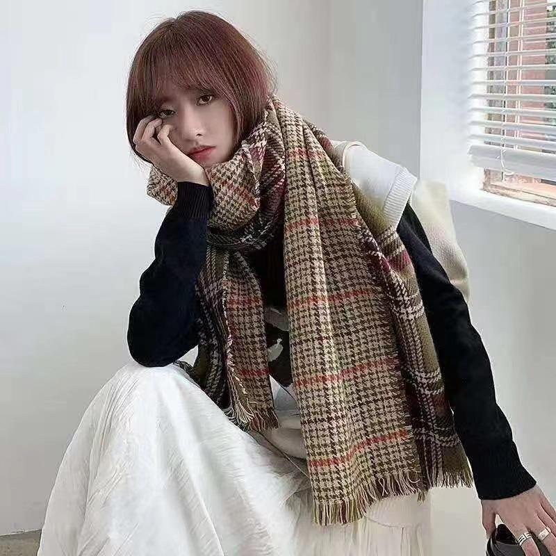 Women's Red Plaid Retro Faux Cashmere Scarf - Versatile & Warm for Autumn/Winter