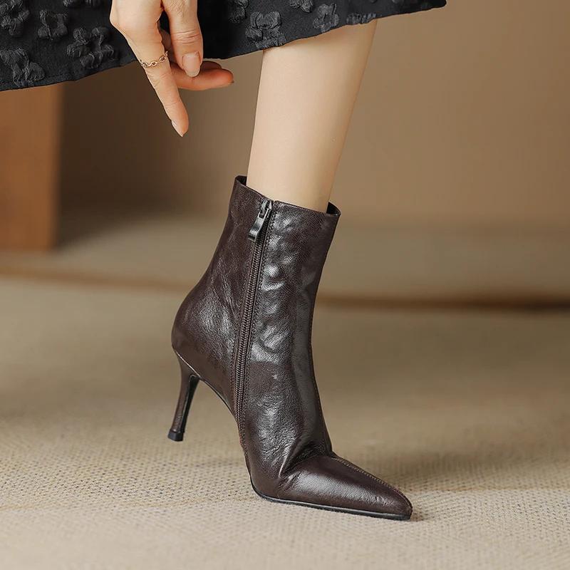 

Мода 2024 Новые ботильоны из овчины на высоком каблуке Женские ботинки Высокий каблук Тонкий каблук Короткие ботинки Натуральная кожа Зимняя кожаная обувь 40