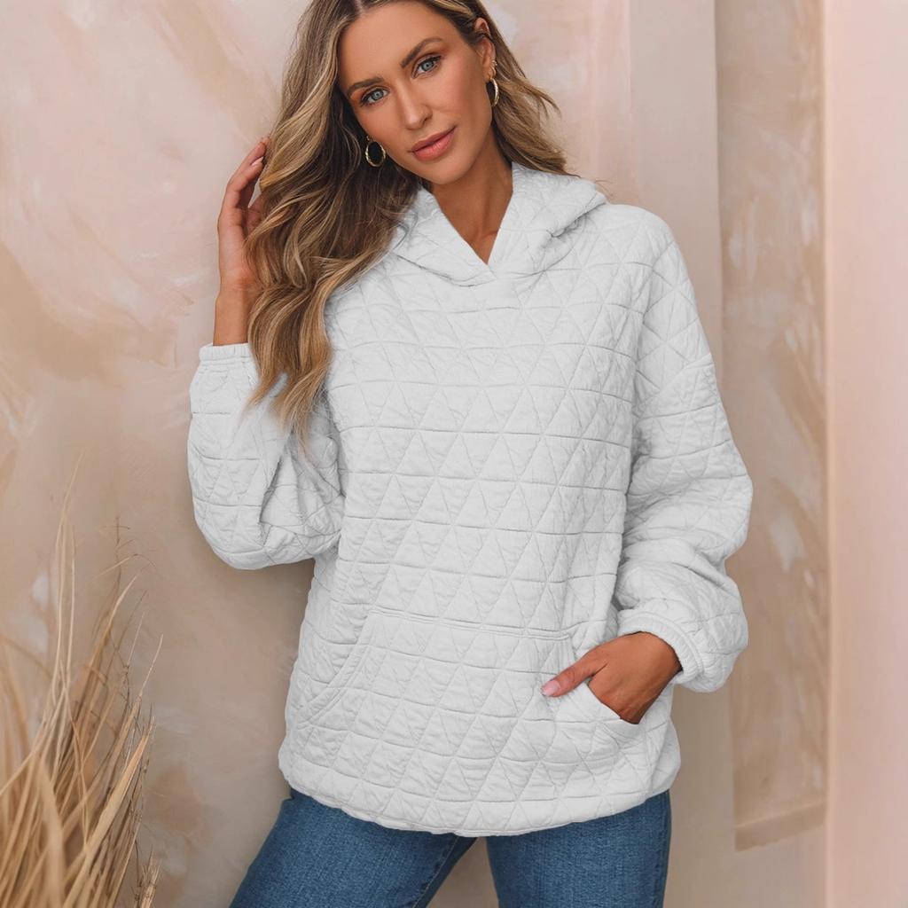 Women Solid Triangle Quilted Hoodie Loose Long Sleeve Front Pocket Pullover Sweatshirt S-5XL Fall Winter Casual Top