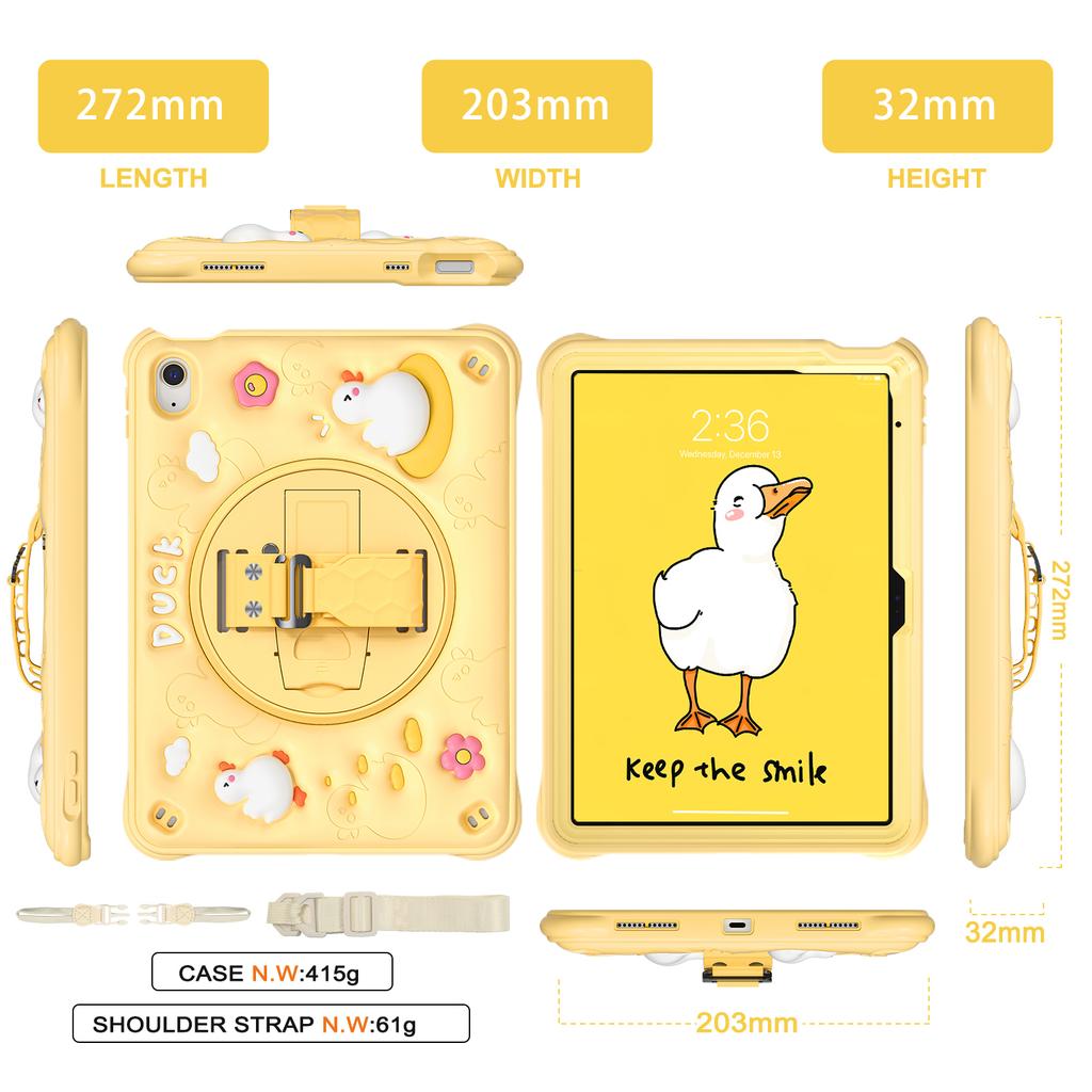 Für iPad (2025)/10.9 (2022) Hülle mit Schultergurt Entenmuster Handschlaufe Aufsteller PC+Silikon+TPU Abdeckung