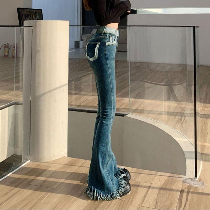 High Waist Vintage Slim Bootcut Jeans Women's Clothing Distressed Fringe Hem Denim Pants Y2K Hotsweet Casual Stylish Trousers