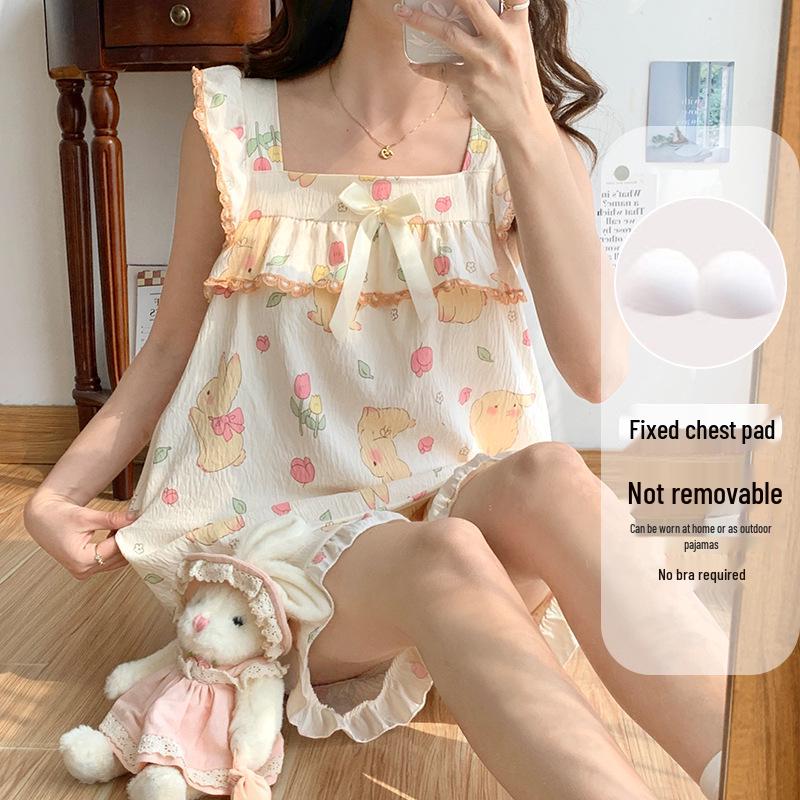 Women's Cloud Cotton Camisole Pajamas with Built-in Bra - Summer Sweet Style, Two-Piece Shorts Set, Wear Indoors or Out.