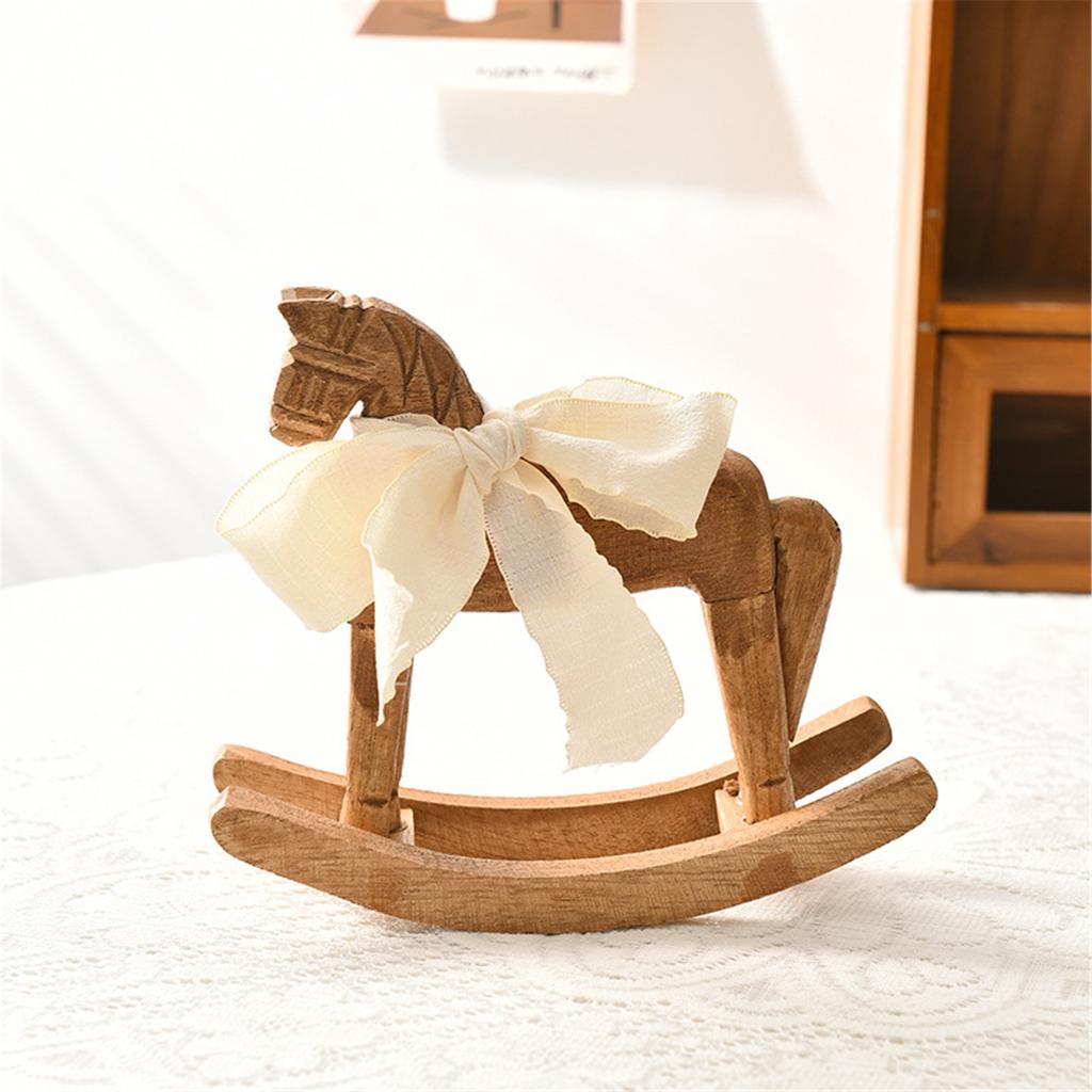 Wooden Rocking Horse Figurine with White Ribbon Decoration for Shelves and Tabletop Collectible Ornament Holiday Gift