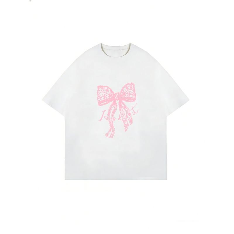 Oversized T Shirt Black Pink Lace Bow And Text Print Casual Wear For Women