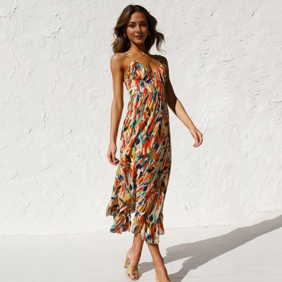 Summer Beach Dress V Neck Sleeveless Spaghetti Strap Shirring Backless Colorful Print Back Zipper Strappy Waist Vacation Sundress Holiday Slip Dress