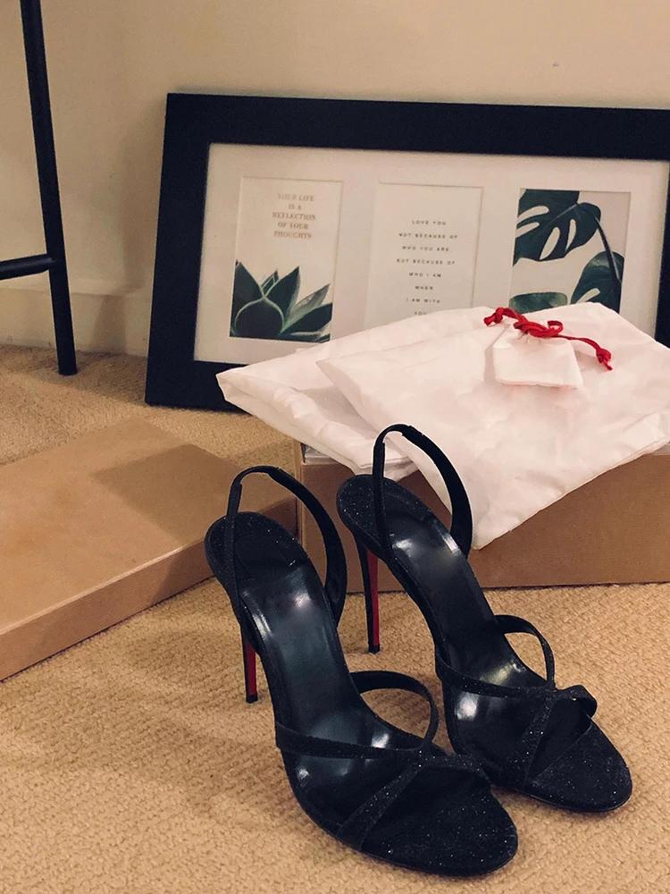Fashion 2025 New Summer Black Glitter High Heels for Women, Sexy Date, Open toed, Thin Heels, Straight Strap Sandals