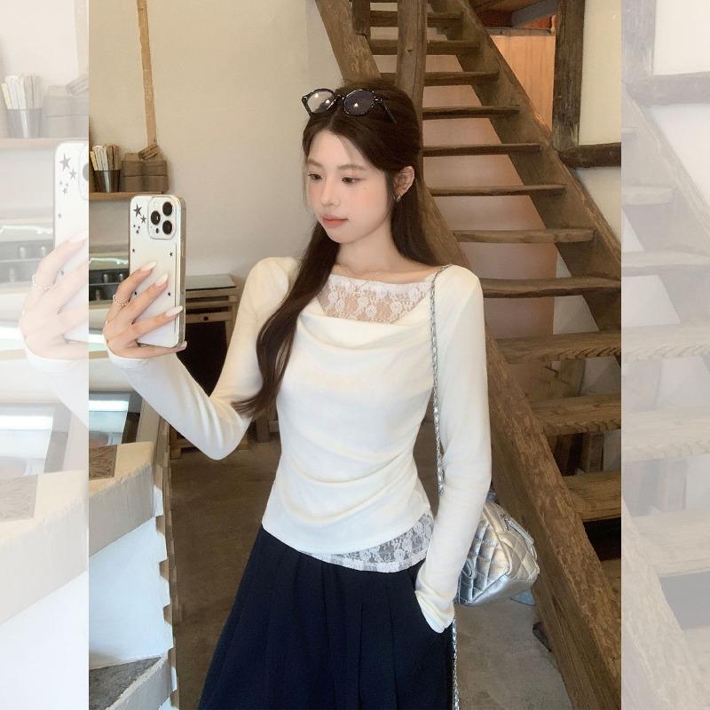 White Swing Collar Lace Fake Two-piece T-Shirt Spring and Autumn Women's Fit Waist Top