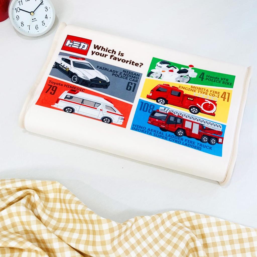 MORIPiLO Children's Low Pillow - Tomica Junior Soft Memory Foam Pillow - Police Car, Fire Truck, Ambulance - Ivory - 35x25x5cm - Skin-friendly Microfi