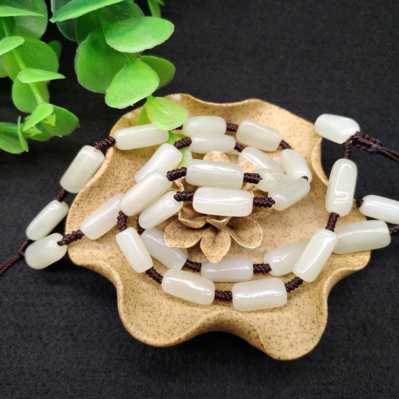 Hetian Jade Barrel Bead Pendant Necklace with Hand-Woven Lanyard