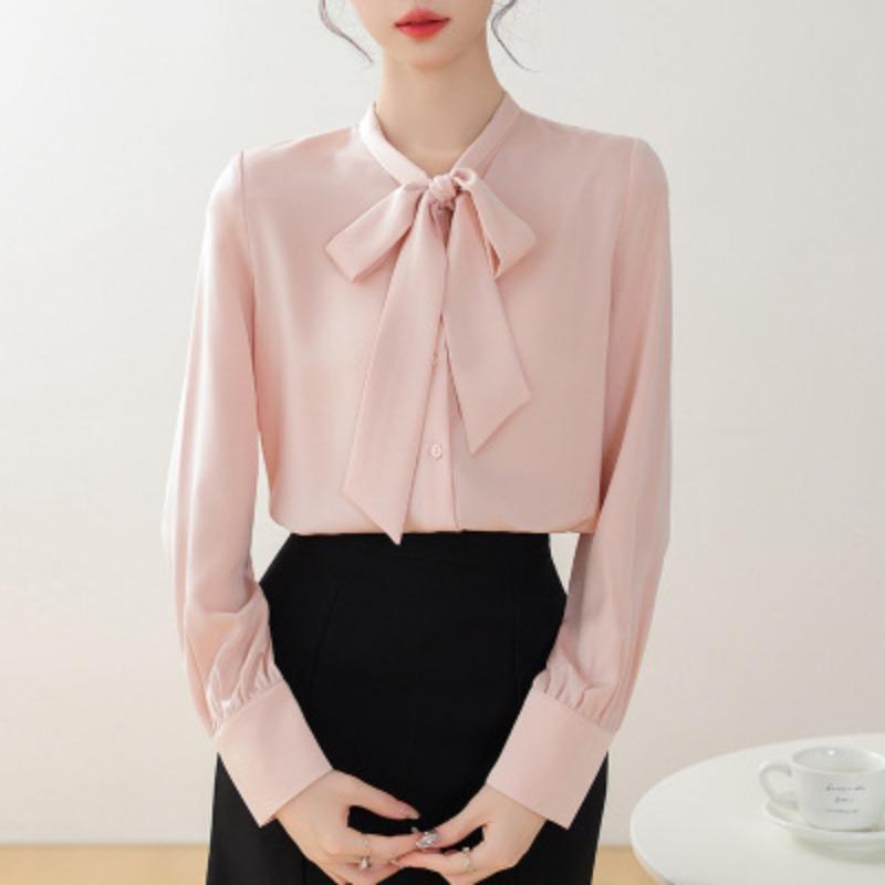 Blue Bow Shirt Women's Design Sense Niche Professional Temperament Shirt Chiffon Top Lace Spring and Autumn Long Sleeves Women