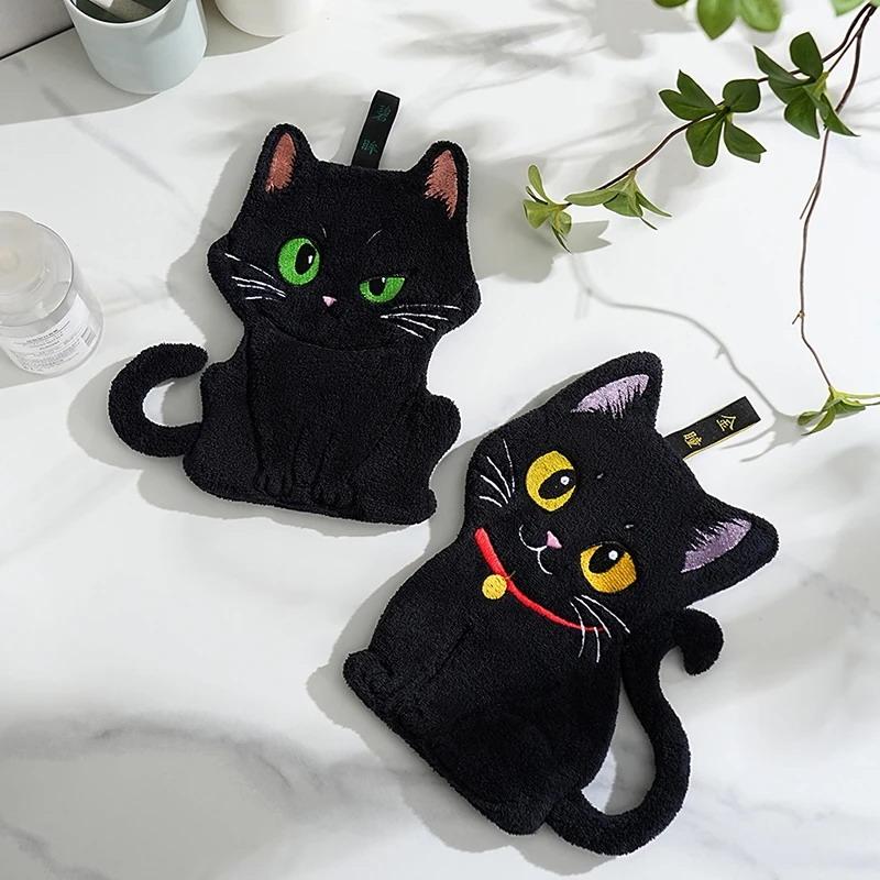 Cartoon Black Cat Hand Towel Animals Shape Absorbent Hand Cloth Kitchen Cleaning Wipe Cloth Kid Bathroom Hanging Towel
