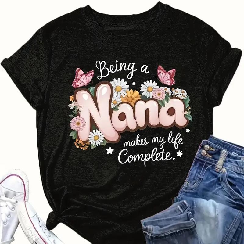 

Women Summer T Shirt Retro Fashion Short Sleeve Tees Casual Nana Printed Tops XS чорний