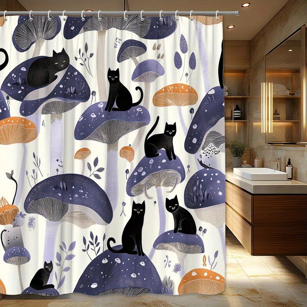 

1pcs Cat Mushroom Shower Curtain, Playful Black Cat on Mushroom, Background Polyester Fabric Bathroom Decorative Shower Curtain 90x180cm