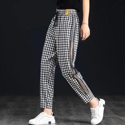 Damen Schwarz-Weiß Karierte Haremshose mit Seitlichem Mesh-Streifen - Lässig, Dünn, Allround für Frühling & Herbst