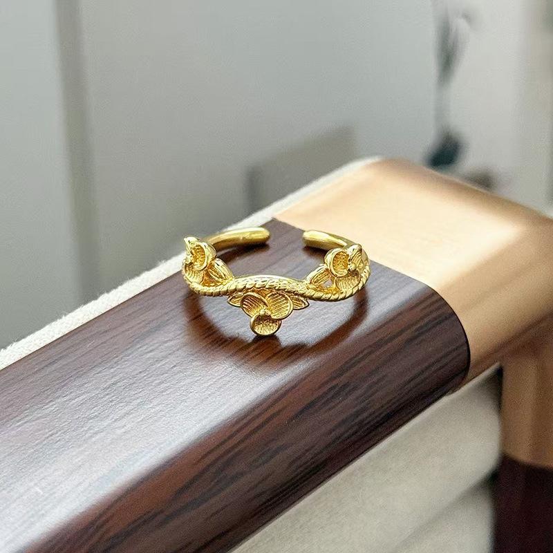 Medieval Vintage Flower Butterfly Brushed Opening Ring Light Luxury Niche Exquisite Zircon High-End Ring Woman