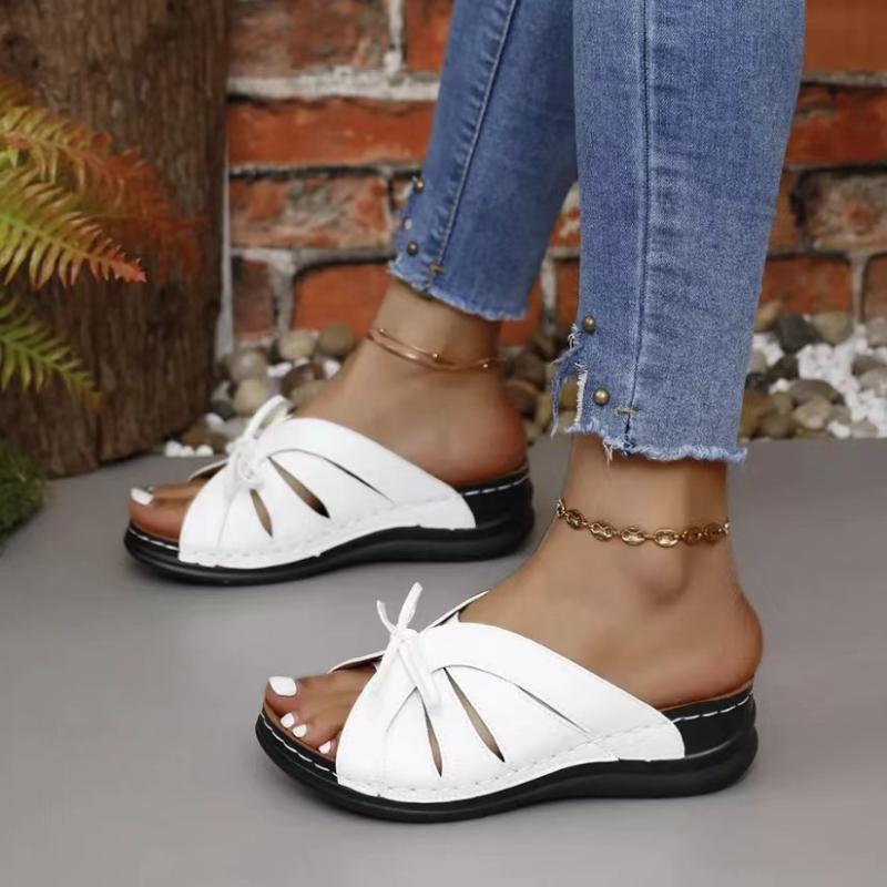 2024  women's wedge slippers summer new open toe bow comfortable thick bottom wedge beach shoes casual sandals