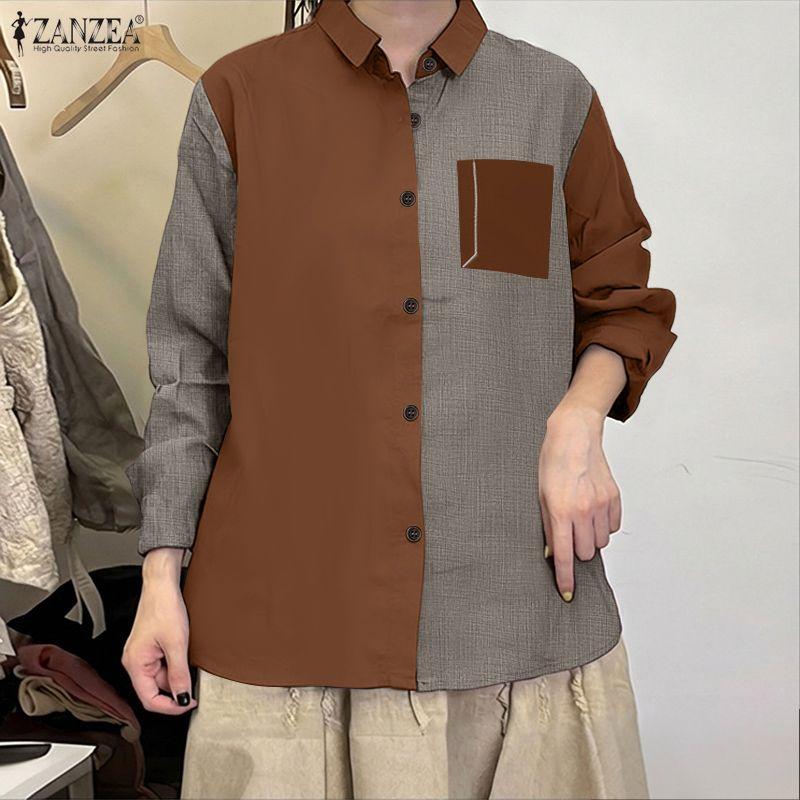 ZANZEA Women Casual Turn Down Collar Long Sleeve Patchwork Blouse