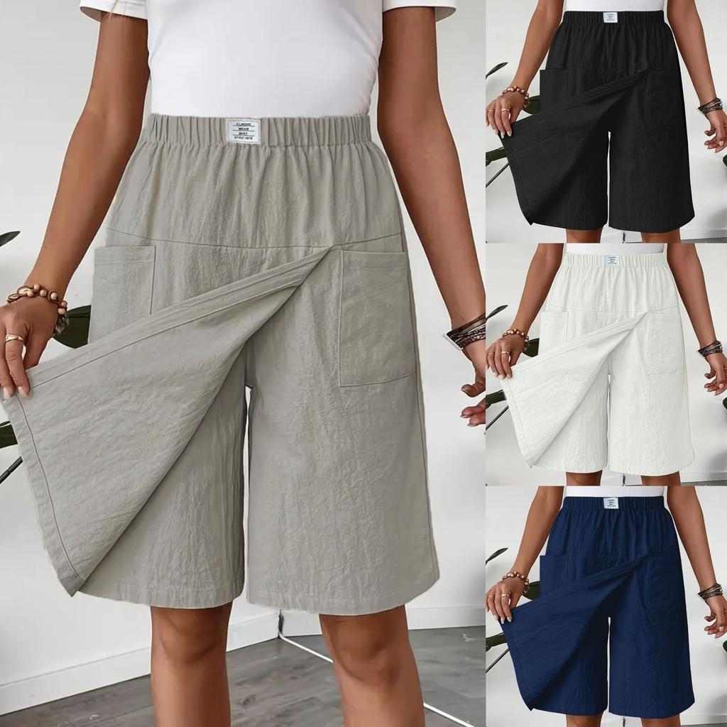 Falda pantalón elástica para mujer, casual, lisa, mezcla de lino, con bolsillos