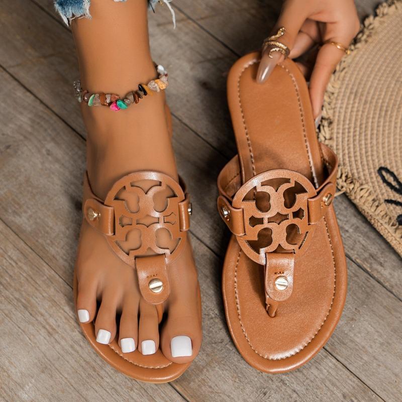 Women's Flat Toe-Post Sandals, Hollow-Out Slip-On Flip Flops, Non-Slip Summer Casual Shoes, Plus Size