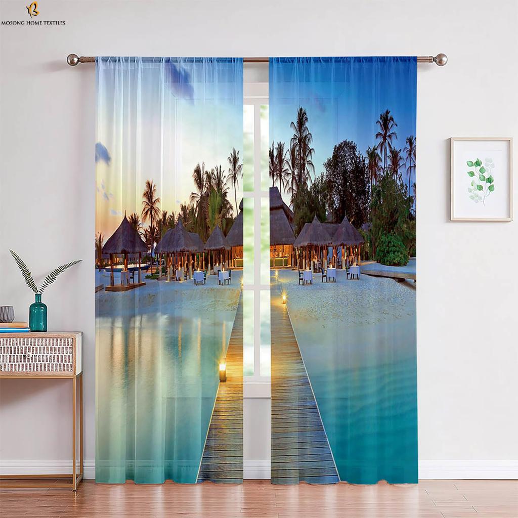 Set Of 2 Window Curtains Seaside Scenery Coconut Tree Printing Bedroom Living Room Kitchen Decorative Curtain Polyester Perfect For Sitting