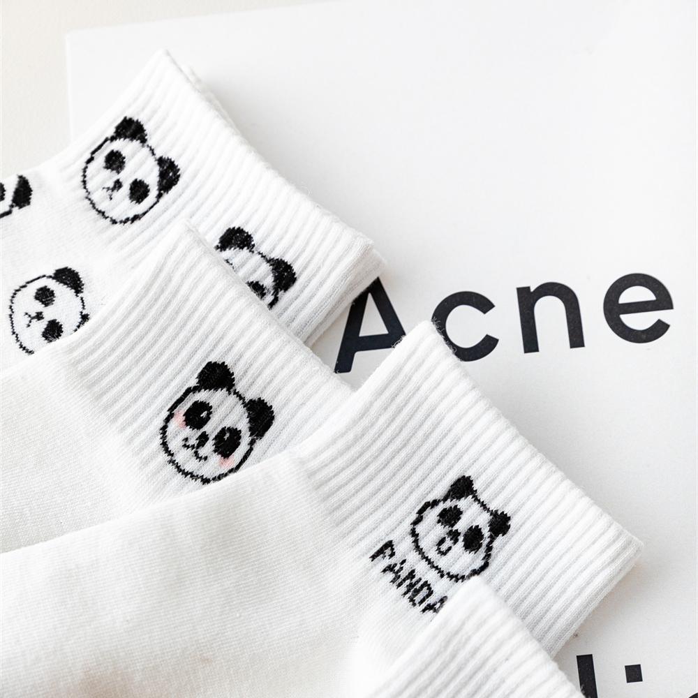 Girls Cute Panda Face Funny Short Ankle Socks White Casual Summer Spring Two Stripes Soft Cotton Women Sokken Sport Gift