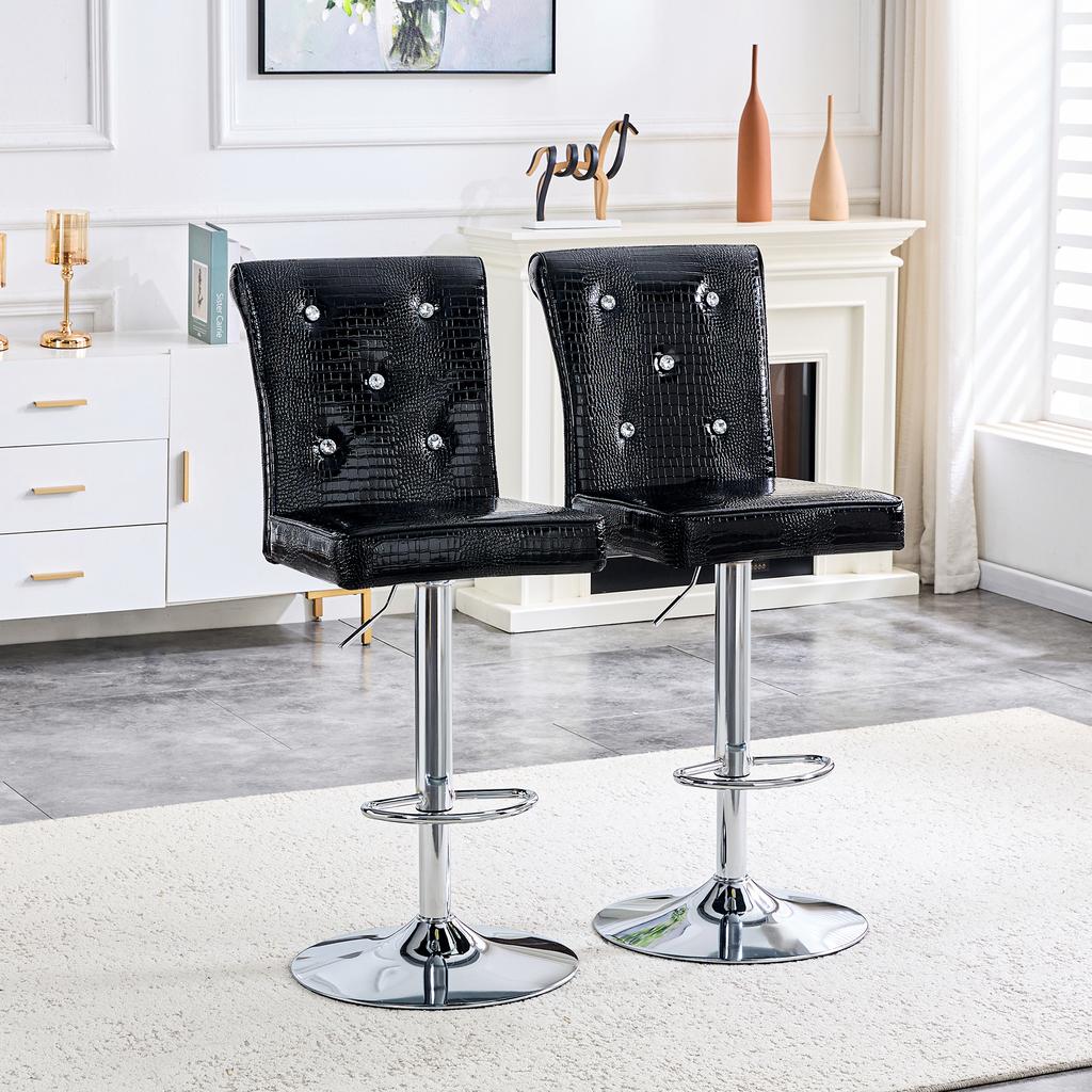 A Set of 2 Black Vintage Crocodile Leather Lift Bar Stools, with Crystal Buckle and Synthetic Leather Design, Add Elegance and Mystery to Dining Area