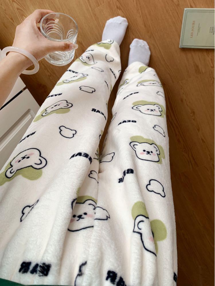 Korean Style Women's Fleece Pajama Pants - Flannel Cartoon Design for Autumn and Winter