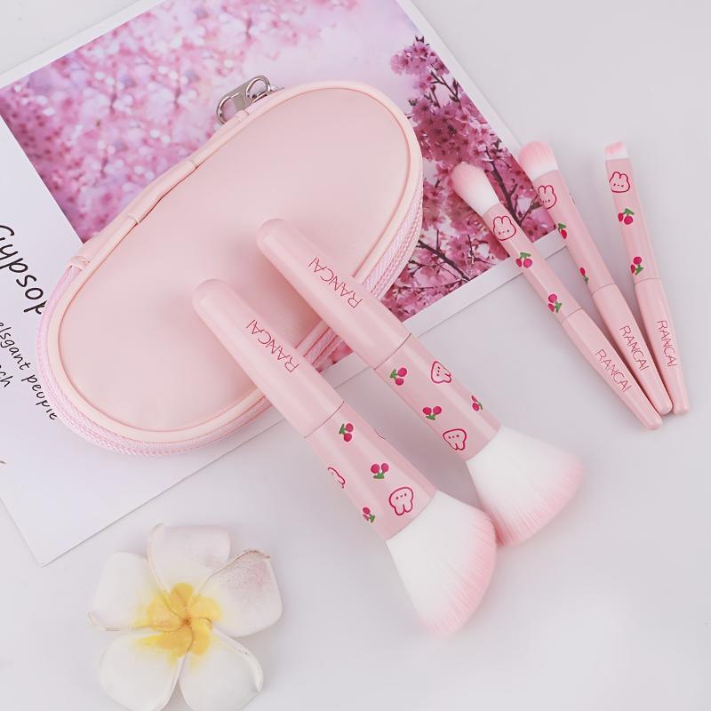 5Pcs Cute Compact Makeup Brush Set With Case Premium Brush For Flawless Foundation, Blush, Eyeshadow Application Beauty Tools
