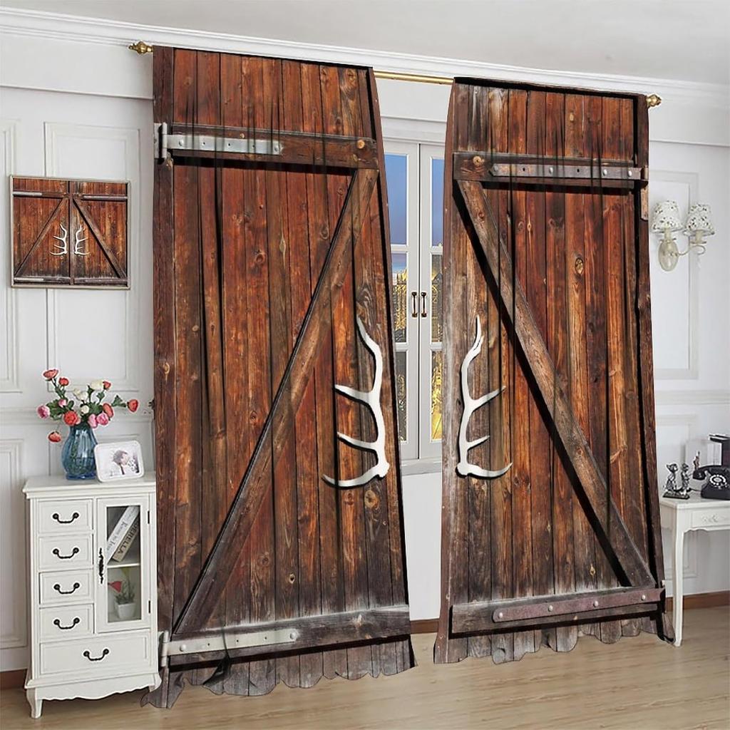 Dřevěné zatemňovací závěsy Hnědé Farmářský styl Vintage Boardwalk Dveře Rustikální Chata Potisk Zatemňovací tunýlek na tyč Okenní dekorace Závěsy