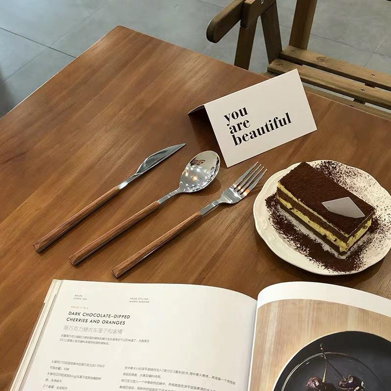 1/5 Stück Edelstahl Imitation Holzgriff Besteckset Geschirrklammer Westliches Tafelgeschirr Messer Gabel Teelöffel